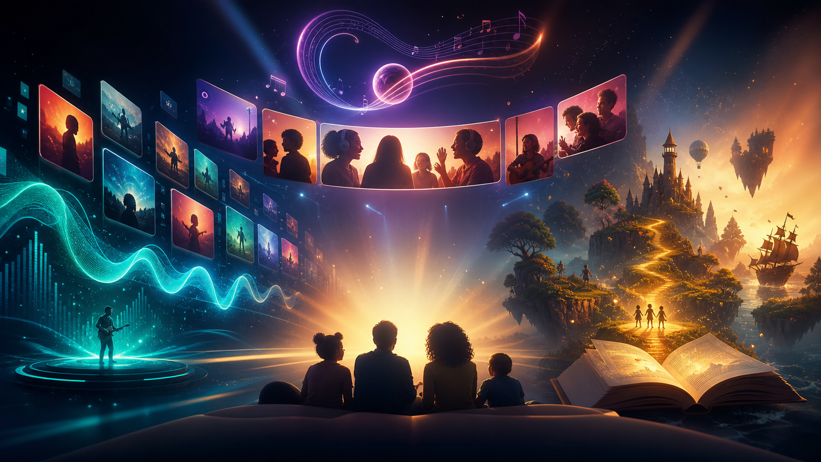 A cinematic digital entertainment world with music, apps, and storybook islands